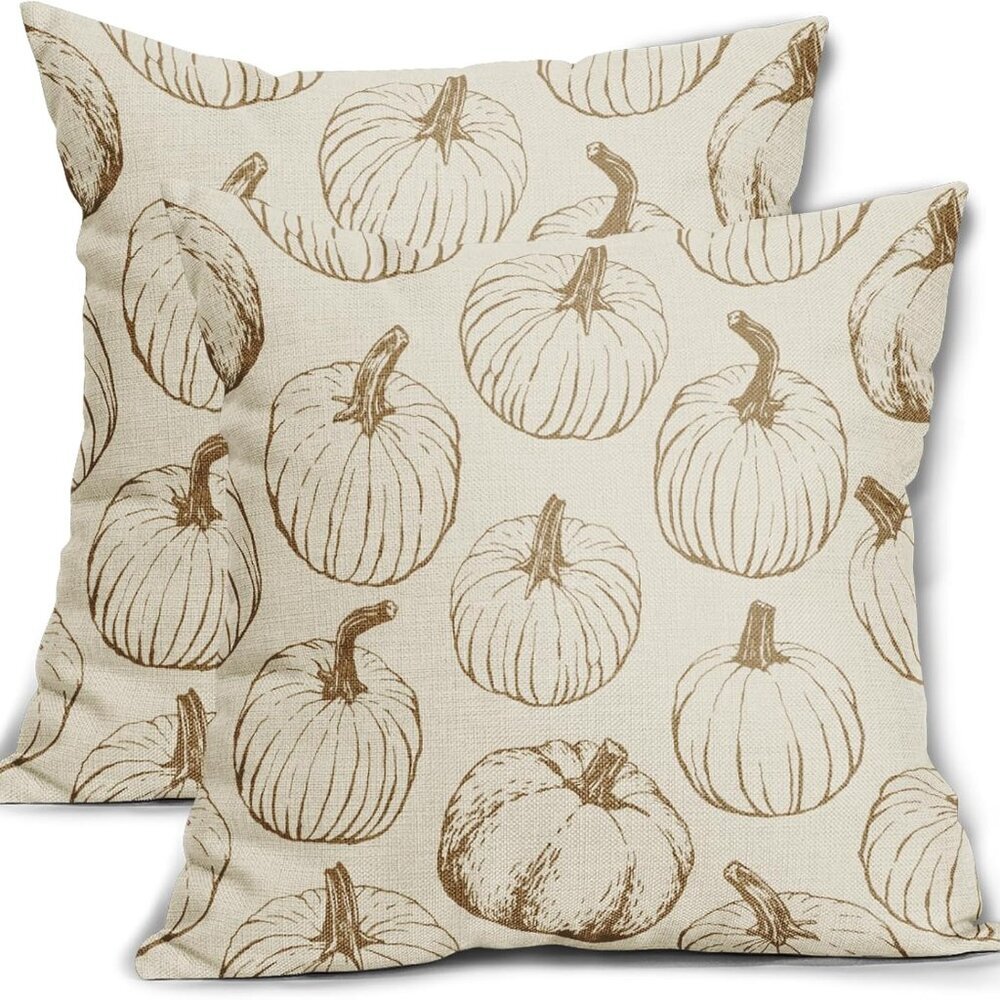 Brown Pumpkin Fall Pillow Covers 18x18 Set of 2 Autumn Themed Thanksgiving Harve